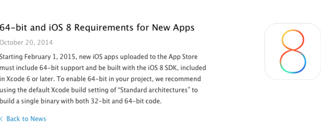 Apple solo aceptará apps con soporte para 64 bits e iOS 8