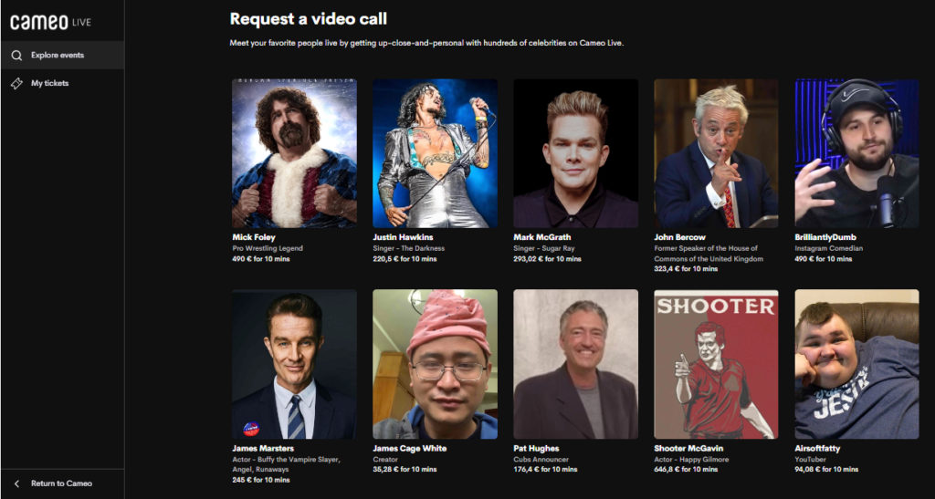 Cameo ya permite 'comprar' videollamadas de 10 minutos con famosos