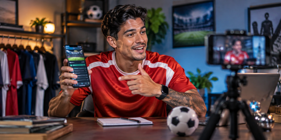 Blogger deportivo mostrando una aplicación de apuestas mientras graba contenido para redes sociales